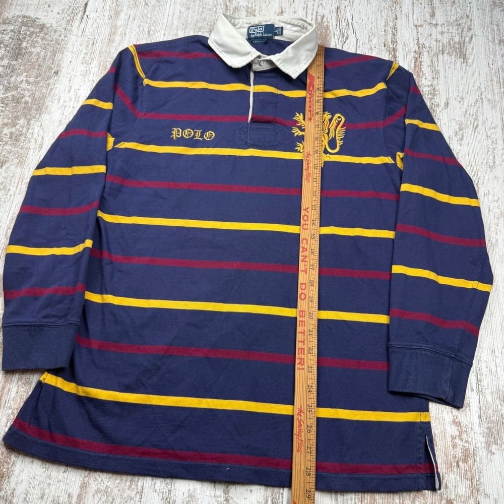 VTG Polo Ralph Lauren Rugby Shirt Mens Large Custom Fit Navy Striped Lion Crest - Picture 6 of 9